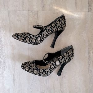 Nina Embroidered Heels Satin Leather Rhinestones Party Event Mary Jane Vintage